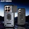 KEYSION Shockproof Armor Case for Xiaomi 15T Pro 5G Slide Camera Protection Metal Ring Stand Phone Back Cover for Xiaomi 15T 5G