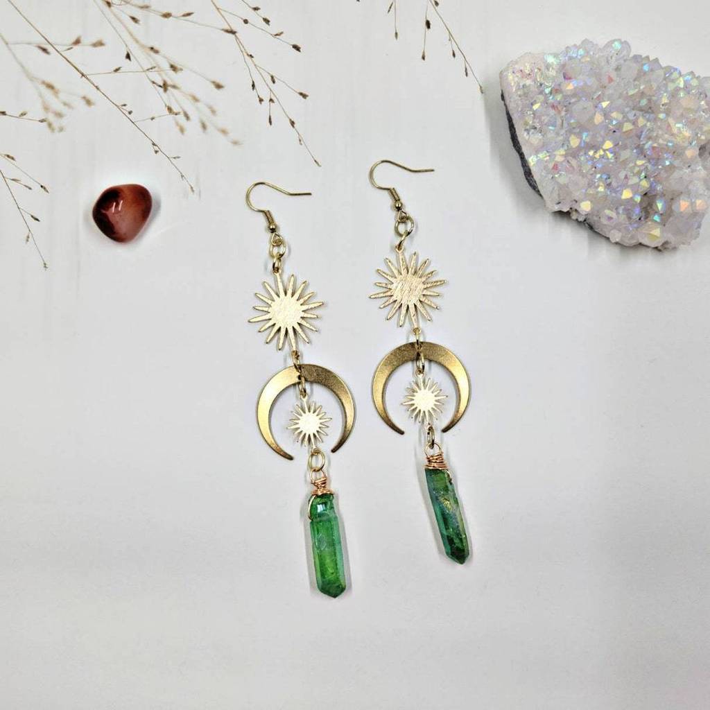 Quartz Crystal Moon And Sun Earrings In Alloy With Electroplated Finish For Stylish Men And Women