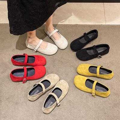2025 New Large Size Retro Matte Leather Mary Jane Shoes Women's Flat Single Shoes One-word Buckle with Shallow Mouth Ballerina