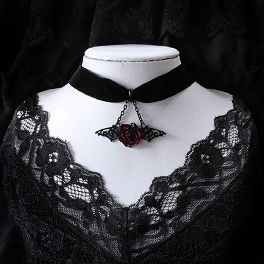 Gothic Black Hollowed-out Vampire Bat Wings Stereo Red Rose Flower Pendant Velvet Necklace for Women Halloween Choker Jewelry