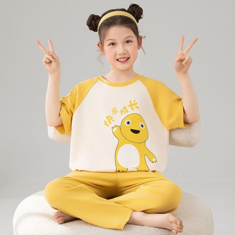 Girls Cotton Pajama Set Short Sleeve Long Pants Cartoon Print Sleepwear Kids Ages 4-12