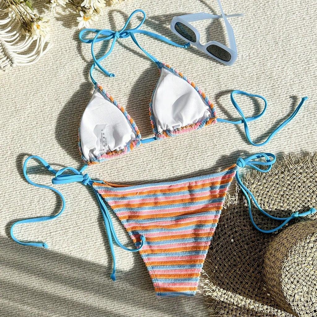 Women's Jacquard Striped Colorful Lace Up Three Piece Bikini Swimsuit Set CLE