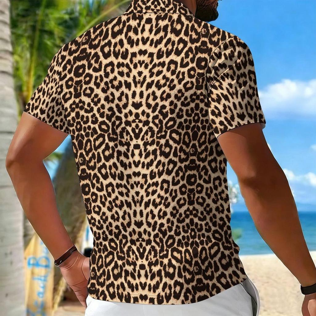 Dam Kortärmad Pikétröja Brun Gradient Svart Vit Leopardfläck Halvdragkedja Krage Topp