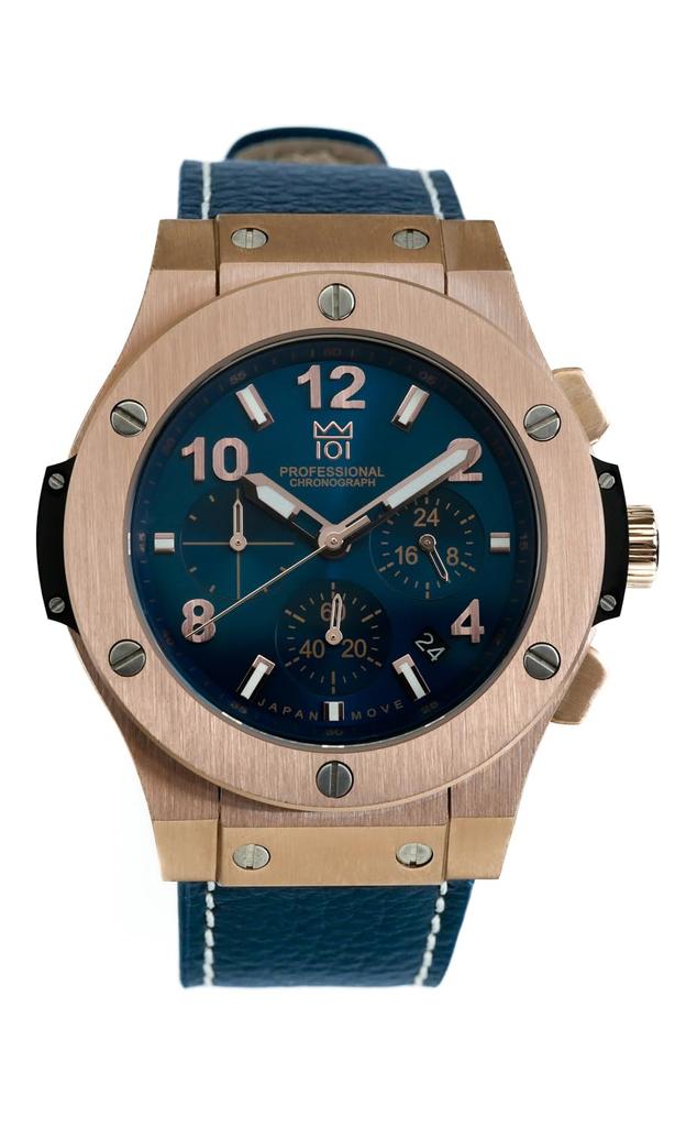 New Model [HYAKUICHI 101] Men's Watch, 100m Water Resistant, Chronograph, Date Display, Leather Strap, Pink Gold and Midnight Blue