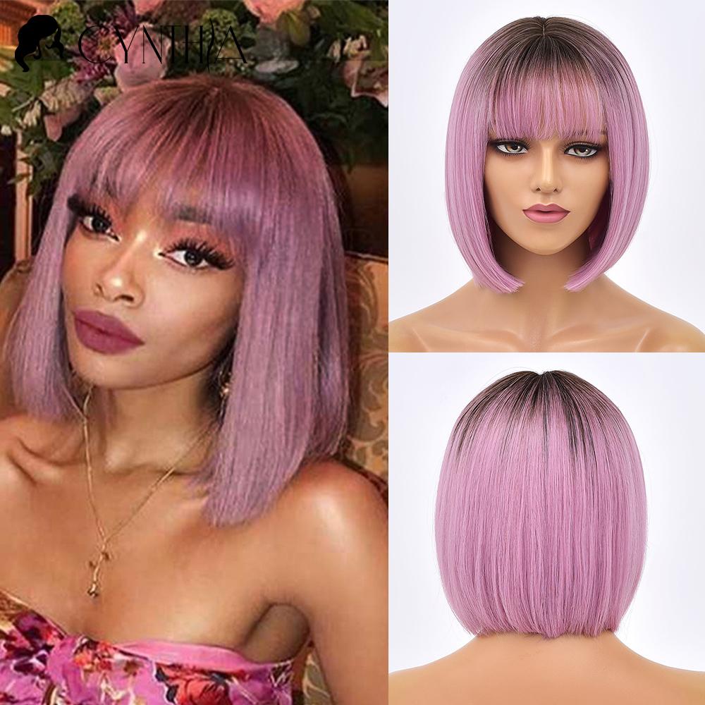 Green Short Bob Hair Synthetic Wig For Woman With Bangs Blonde Ombre Pink Cosplay Lolita Party Heat Resistant Daily Natural Hair