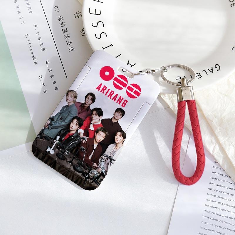 BTS Sliding Photocard Holder, Protective ID Badge Card Case with Braided Keychain Strap, Student Campus Bus Meal Card Protector Merch for ARMY