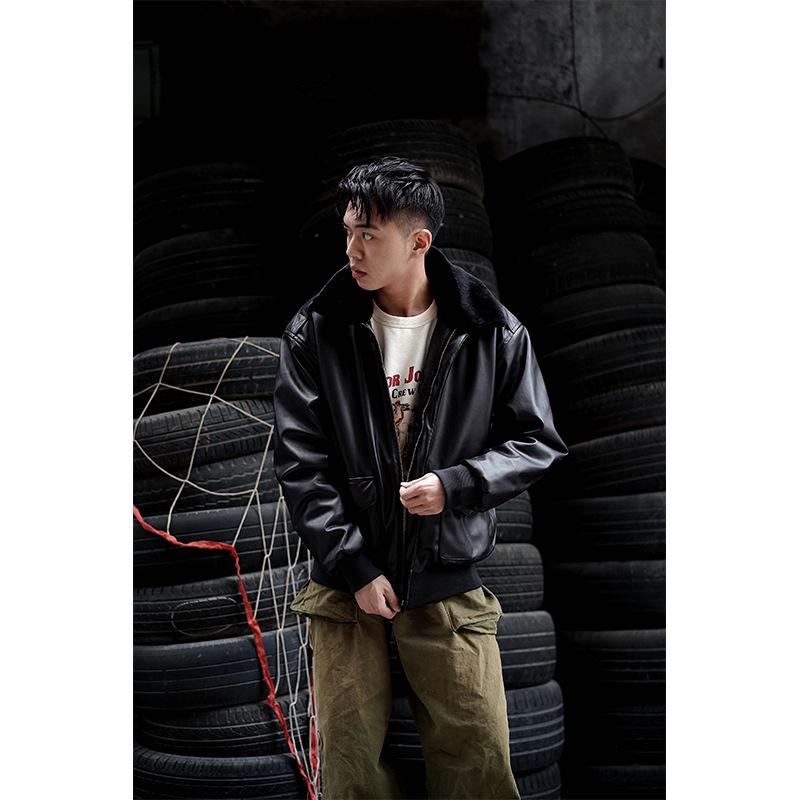 Normanlong Men's Retro A2 Aviator Jacket - American Military Vietnam War Leather with Fur Collar & Cotton Lining
