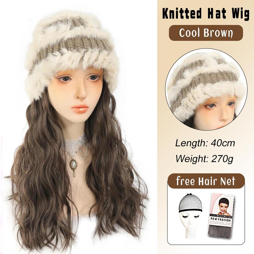 Synthetische Hutperücke für Frauen, langes gewelltes Haar, warm, weich, gestrickt, Herbst- und Wintermütze, hitzebeständig