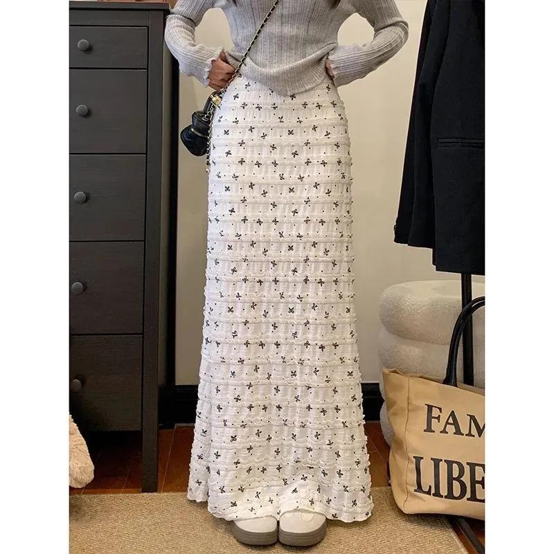 

Летний отпускной стиль Принт с бантом Кружевная ажурная Цветочная Юбка миди «рыбий хвост» Приталенное Чистое Длинное платье S белый