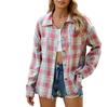 Women's Lapel Long Sleeve Plaid Shirt Loose Fit Elegant Commuter Pocket Design Wrinkle Resistant 100% Rayon Casual Oversized Shirt Jacket