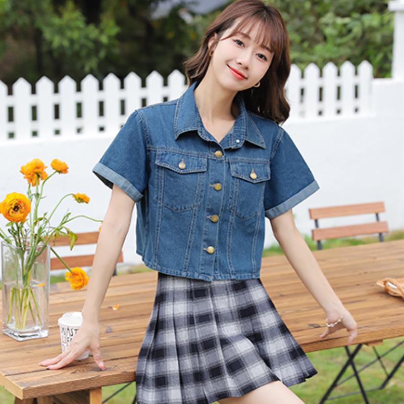 Retro Square Shoulder Slim Denim Short-Sleeve Top - Classic, Skin-Friendly, and Versatile for Casual Layering
