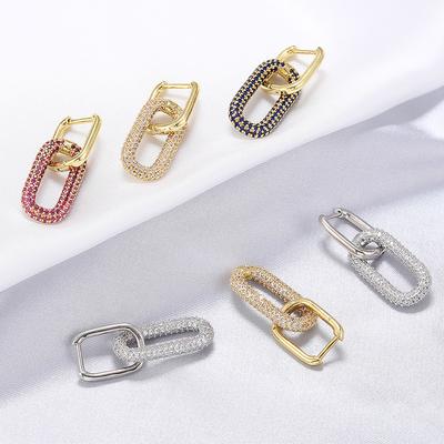 Earrings, Colored Diamond Double Rectangular Earrings, Zircon Earrings, Women'S Finished Copper Plated Real Gold Ve129