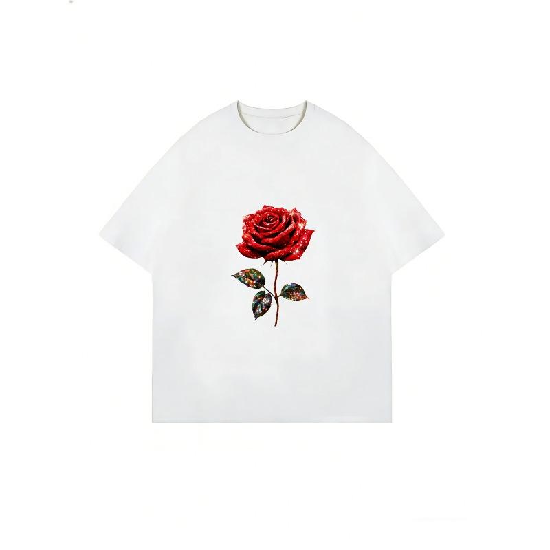 White T Shirt With Red Rose Print For Casual Wear