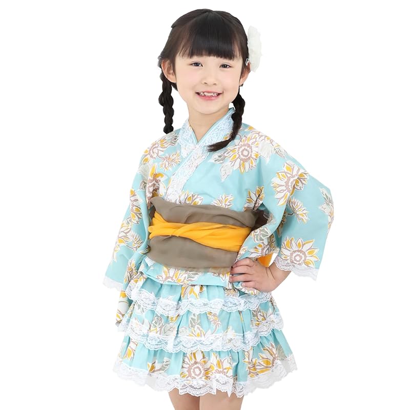 

[Nishiki] 24906 Separate Yukata + Heiko obi 2 piece set dress yukata With frills 100% cotton girl for children kids girls (Sunflower in mint-13/120)