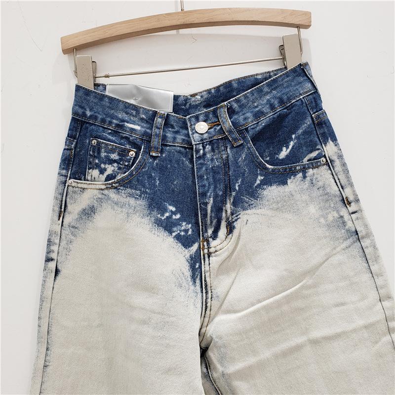 Gerade beschichtete Jeans Damen Herbst Neu High Street Tie-Dye Hohe Taille und Dünnes Weites Bein Bodenlange Hose Trendige Marke