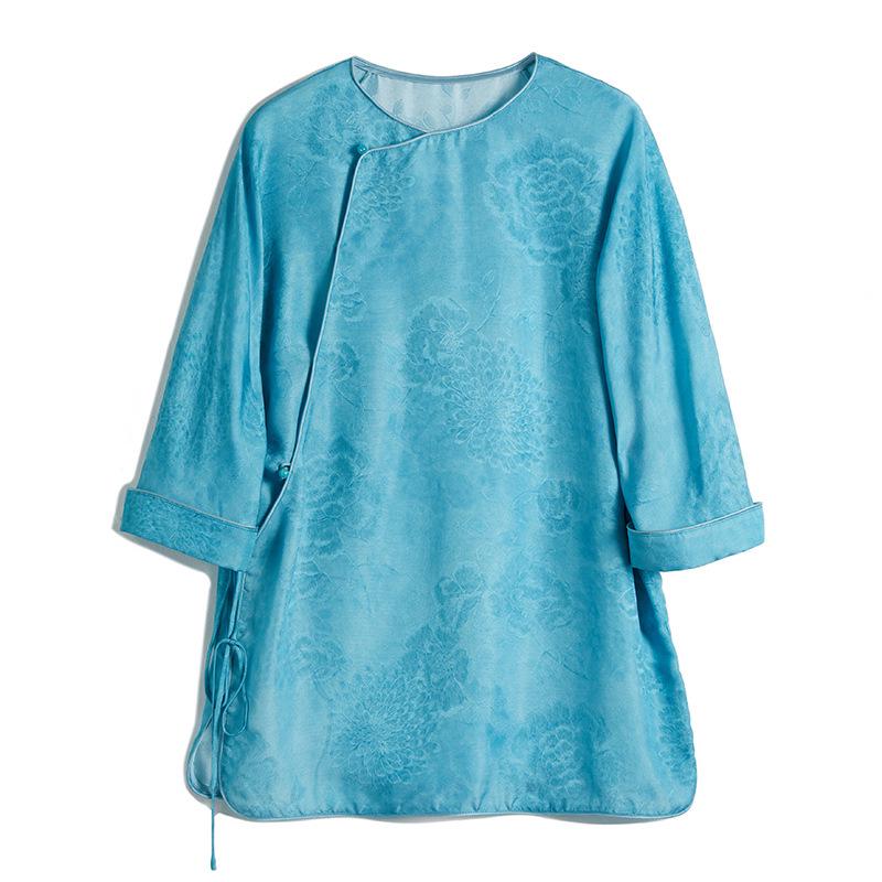 Women's High-End Chinese Style 100% Pure Mulberry Silk Ribbed Jacquard Top & Pants Set