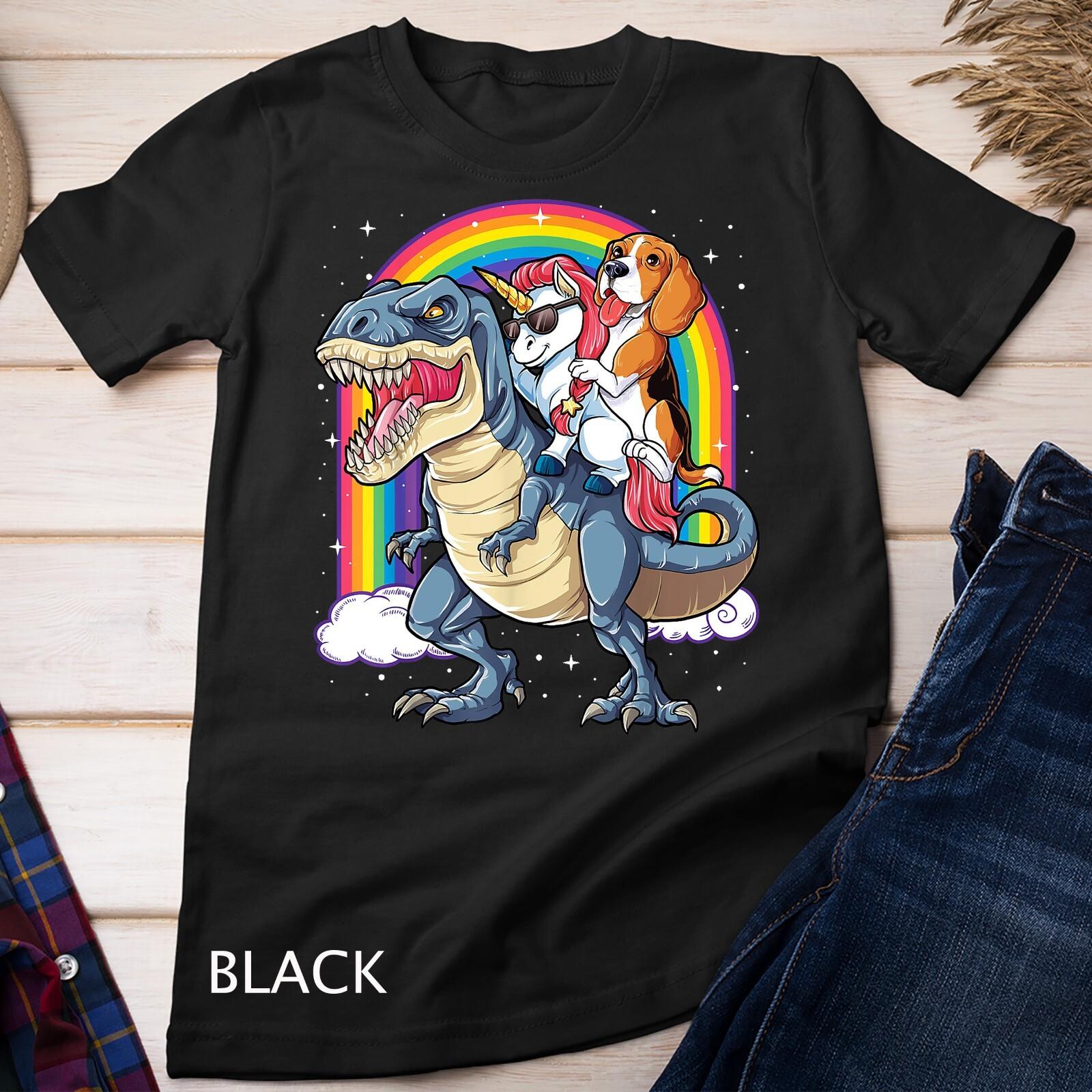 Beagle Unicorn Riding Dinosaur T rex Girls Boys Rainbow Unisex T-Shirt Mens Womens Tees Top XL