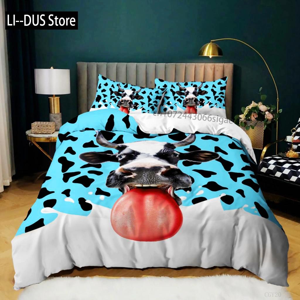 Cow Duvet Cover Set King Size Milk Cows Animal Bedding Set Microfiber Blue Sky And White Clouds Balloon Farm Theme Quilt Cover