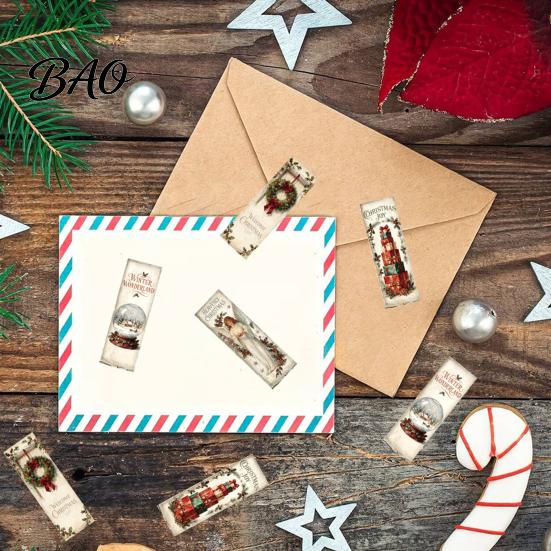 Retro Illustrated Gift Tape Christmas Coated Paper Sealing Sticker, Hand-drawn Santa Claus Snowman Elk Envelope Stickers Design, Decorative