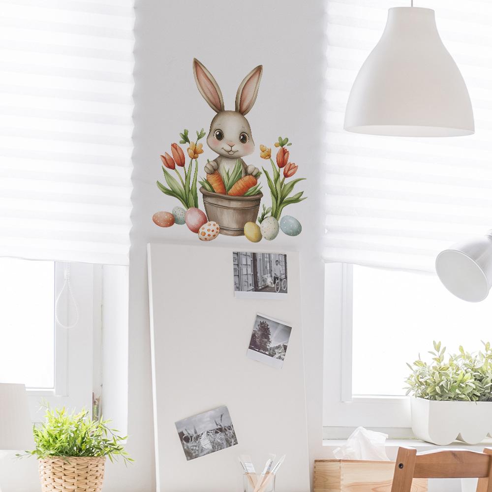 Easter Bunny and Eggs Wall Stickers Whimsical Cartoon Wall Art for Kids Room, Living Room and Hallway Joyful Spring Home Decor