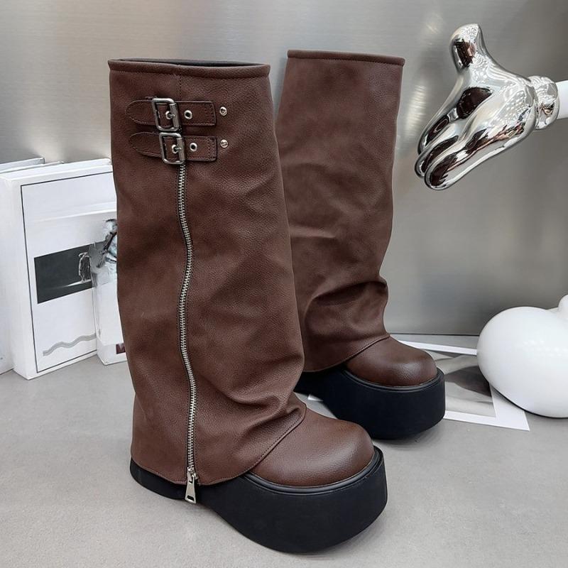 Leather Shoes, Big Leg Boots, Thick-soled Boots, Knee-length Boots, High Boots 40 коричневый