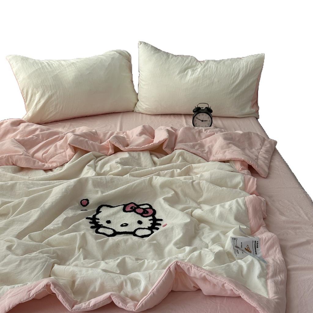 Summer Girl Cute Kt Cat Towel Embroidered Light Summer Cool Quilt, Thin Machine Washable Air Conditioner Quilt Summer Quilt Core