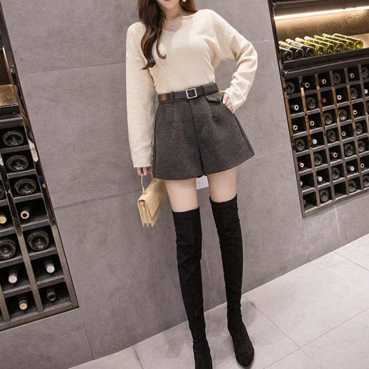 Women's High Waist Tweed Wide Leg Pants Casual Thick Slim Shorts