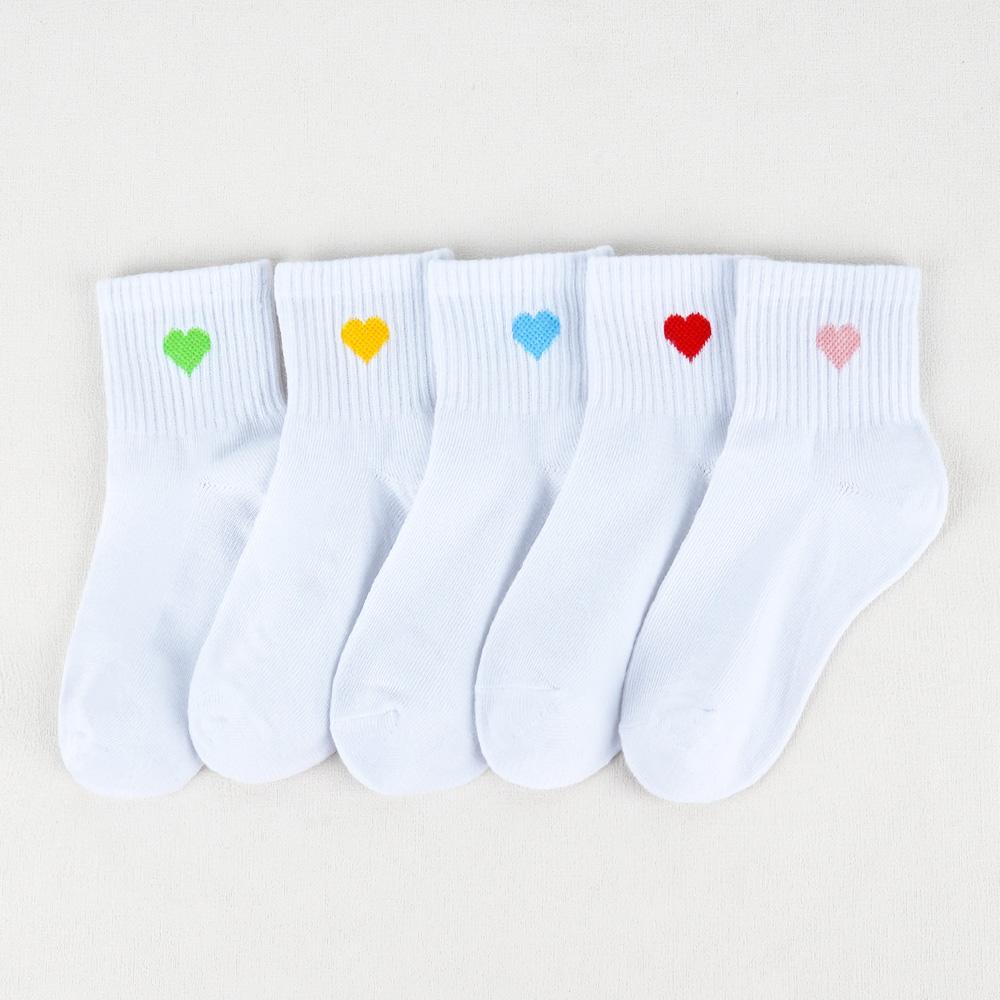 5 Pairs Girls Cute Heart Pattern White Socks Comfortable Breathable Cotton Kids Daily Wear Socks