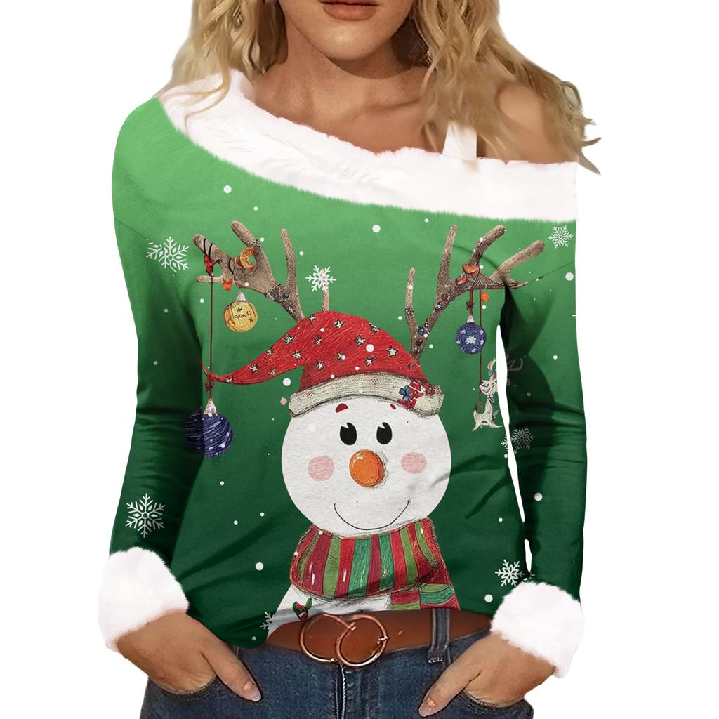 Dámská ležérní móda Sexy top s odhalenými rameny a vánočním vzorem, s dlouhým rukávem a kulatým výstřihem