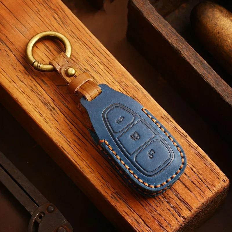 Top Grain Leather Key Case For Ford Kuga Ecosport Focus Fiesta, Full Enclosed Anti-Scratch Key Fob Cover With Metal Ring
