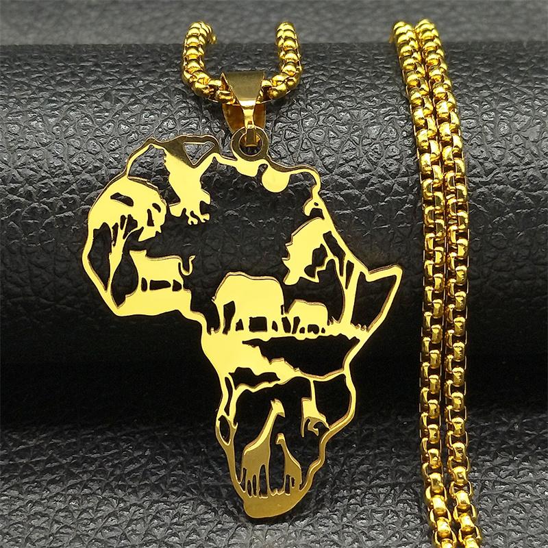 Africa Map Pendant Necklace For Women Men Stainless Steel Gold Silver Color Hollow Animal Nature Life Chain Jewelry Collar Gift