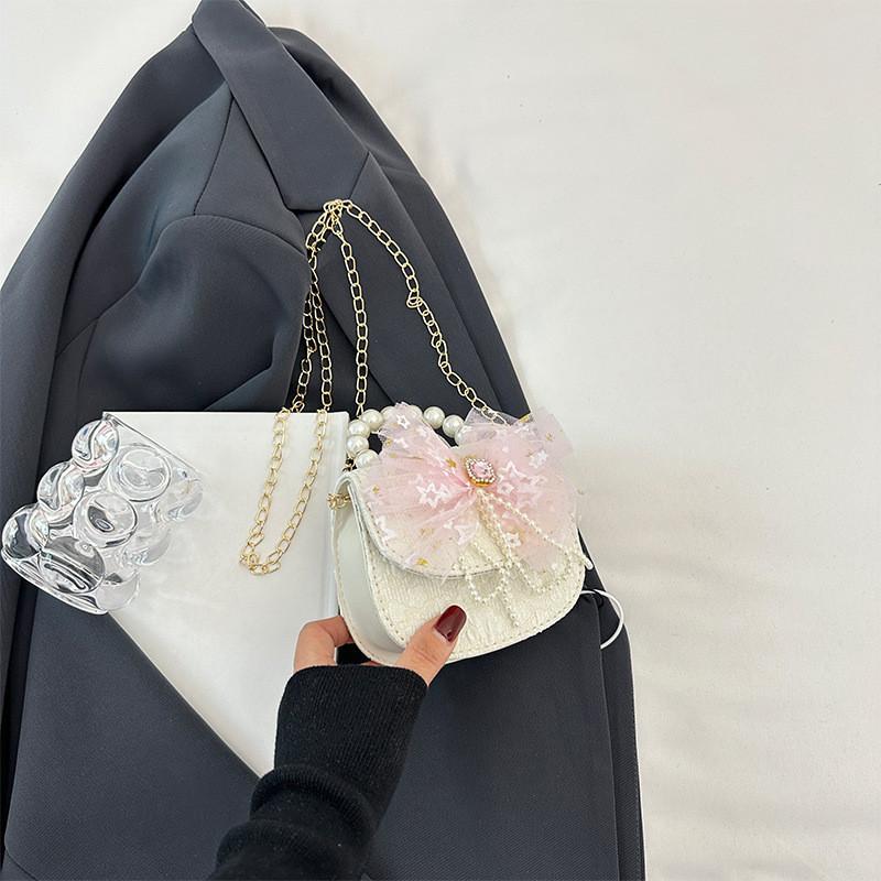 Trendy Saddle Shaped Handbag For Kids With Pearl Accents Ideal Birthday Gift