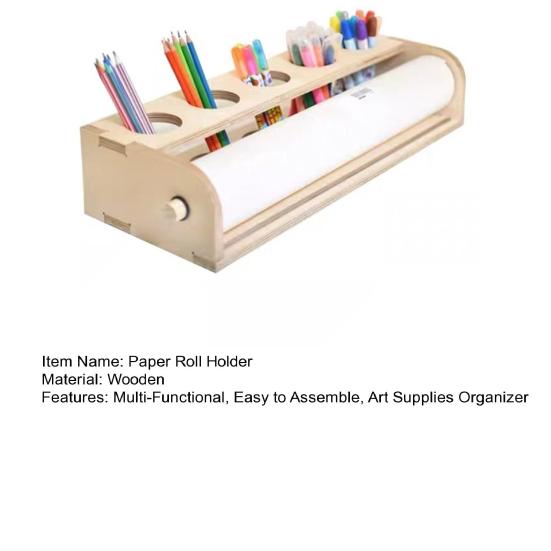 Wooden Paper Dispenser Desktop Paper Roll Holder Drawing Paper Roll Organizer with Pen Holder for School Art Studio Home