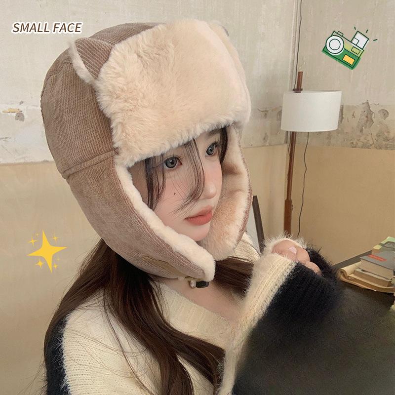 Korejská verze podzimní a zimní sametové zesílené cyklistické teplé bavlněné čepice roztomilá všestranná větruodolná čepice s ochranou uší Lei Feng čepice pro ženy