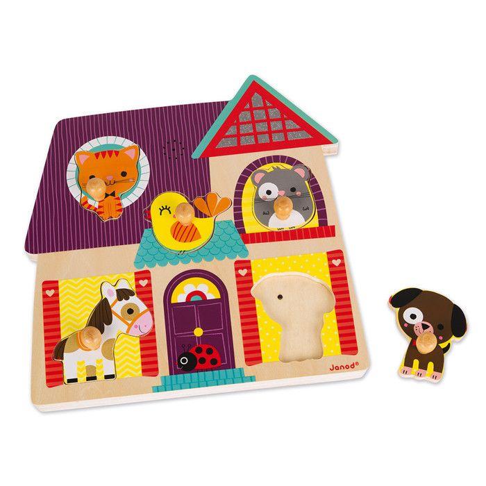 Puzzle sonore animaux de compagnie - janod - encastrement musical 5 pièces - paysage et nature - multicolore