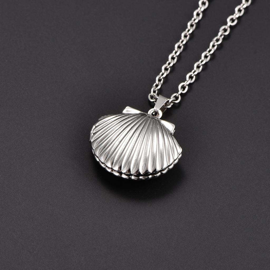 Stainless Steel Seashell Photo Locket Pendant Necklace for Women Men Picture Box Frame Charms Chain Metal DIY Jewelry Accessory