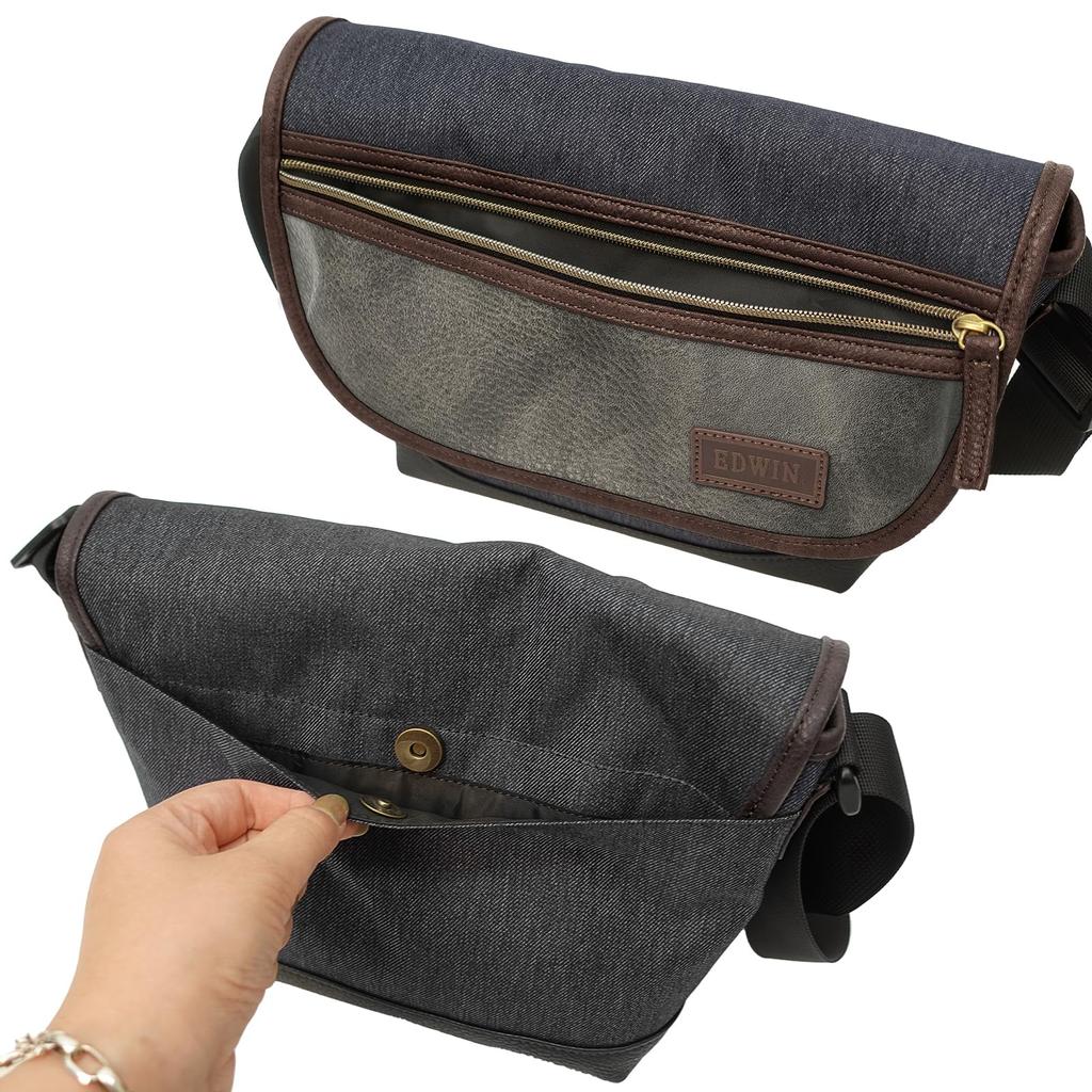 Mini Messenger Bag 0411518 Combination Synthetic Leather Polydenim Switch Compact with Pocket 22269303 Black 2 X Gray [Edwin] (Black