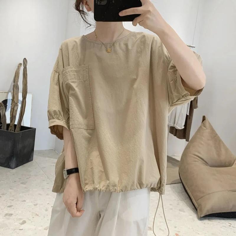 

Женская бежевая свободная блузка с круглым вырезом и кулиской по низу, повседневная S хаки