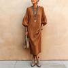 Women Contrast Trim Round Neck Lantern Sleeve Maxi Dress with Pockets Solid Color Casual Loose Fit Dress