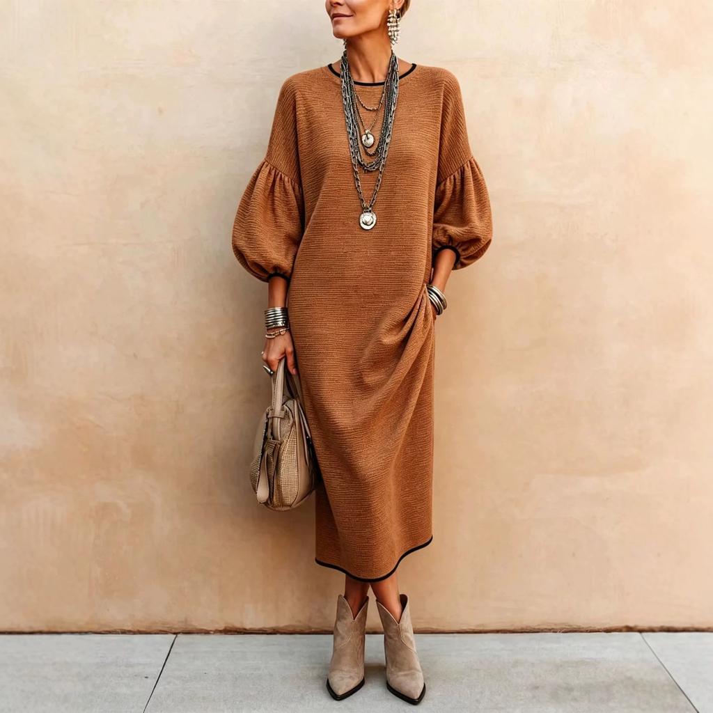 Women Contrast Trim Round Neck Lantern Sleeve Maxi Dress with Pockets Solid Color Casual Loose Fit Dress