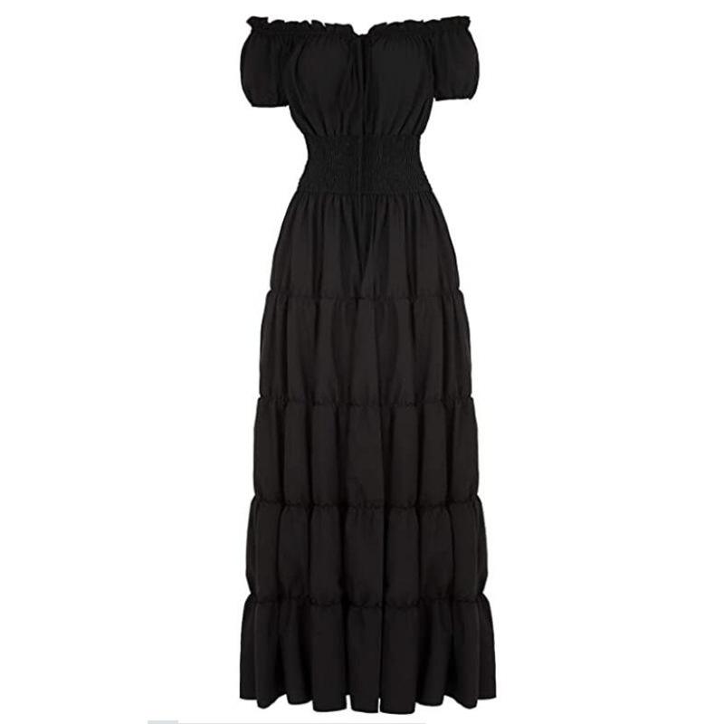 Vestido Largo Retro de Color Sólido para Mujer, Manga Corta, Cuello con Cordones, Cintura Fruncida