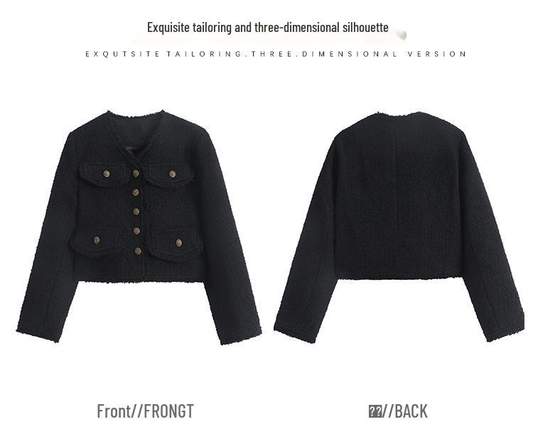Real Shot Fashionable Women's Black Wool Xiang-Style Loose Short Jacket - Spring/Autumn Socialite Wear