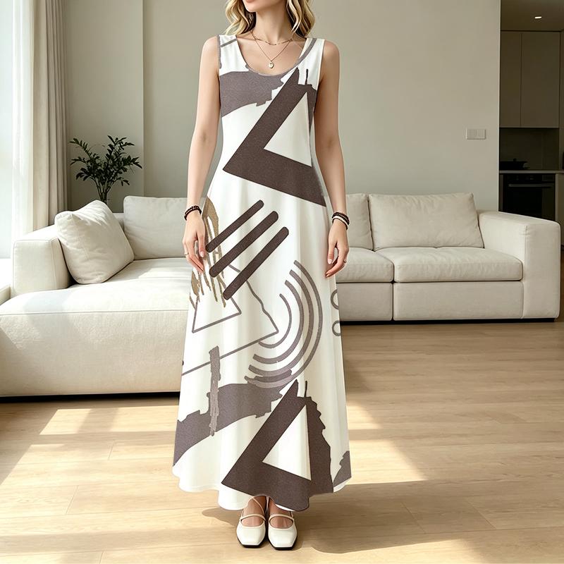 A-Line Sleeveless Maxi Dress,Lightweight Loose Fit with Geometric Design,Elegant Versatile for Daily Commute,Casual Home & Outing