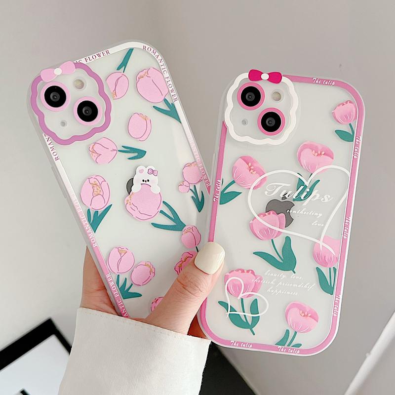 

Ins Style Симпатичные розовые цветы Мягкий TPU Прозрачный ударопрочный защитный чехол для iPhone 11 12 13 Pro Max XR XS Макс Задние крышки