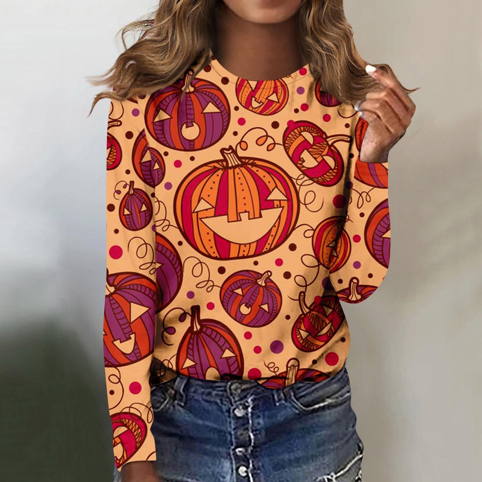 

Женская мода повседневная блузка с длинным рукавом и принтом на Хэллоуин с круглым вырезом L киноварь