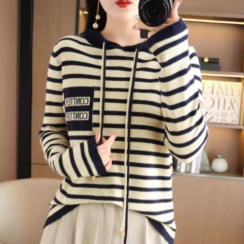 Hooded Striped Knitted Sweater Women's Autumn and Winter New Loose Casual Color Matching Sweater Wearing Striped Sweater