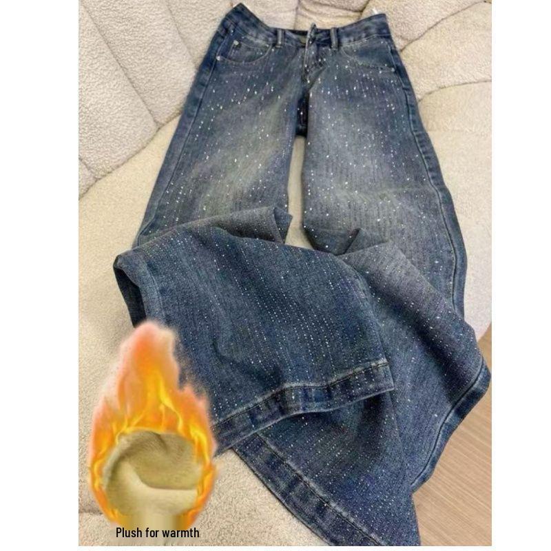 Women's High Waist Velvet Denim Pants with Starburst Drill Design - Loose, Wide-Leg, Floor-Length
