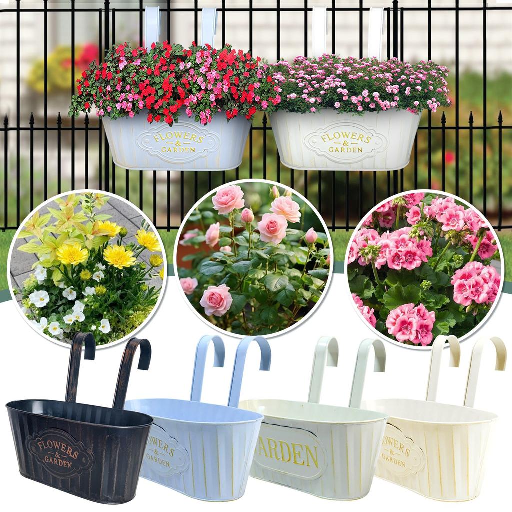 Outdoor Plants Planter Black Metal Iron Hanging Flower Pots Decks Railings Fence Buckets Modern Boho  Wall Mount Window Box Plant Holder Hooks Porch