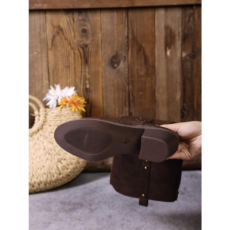 Winter 2025 Fleece Belt Buckle Rivet Mid-heel Knight Boots Plus Size Thick Heel Western Boots Women