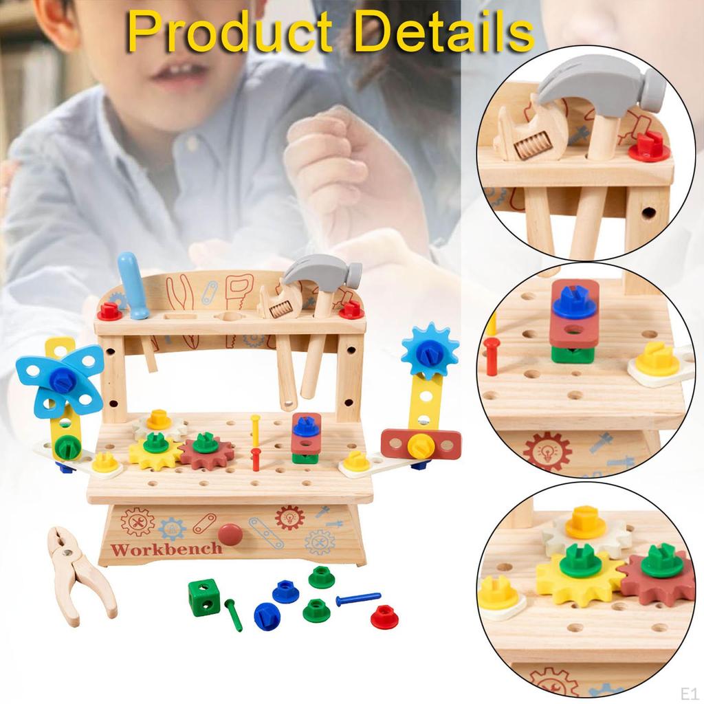 Kids Tool Set Educational Motor Activity Wooden Wrench Nuts Bolt Pretend Play for 2 3 4 5 6 Year
